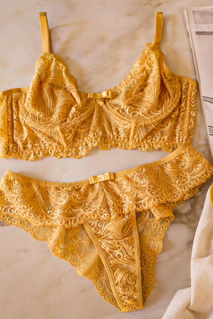 Mustard Yellow Silk Lingerie Set, 100% Silk Bralette & Thong, Silk