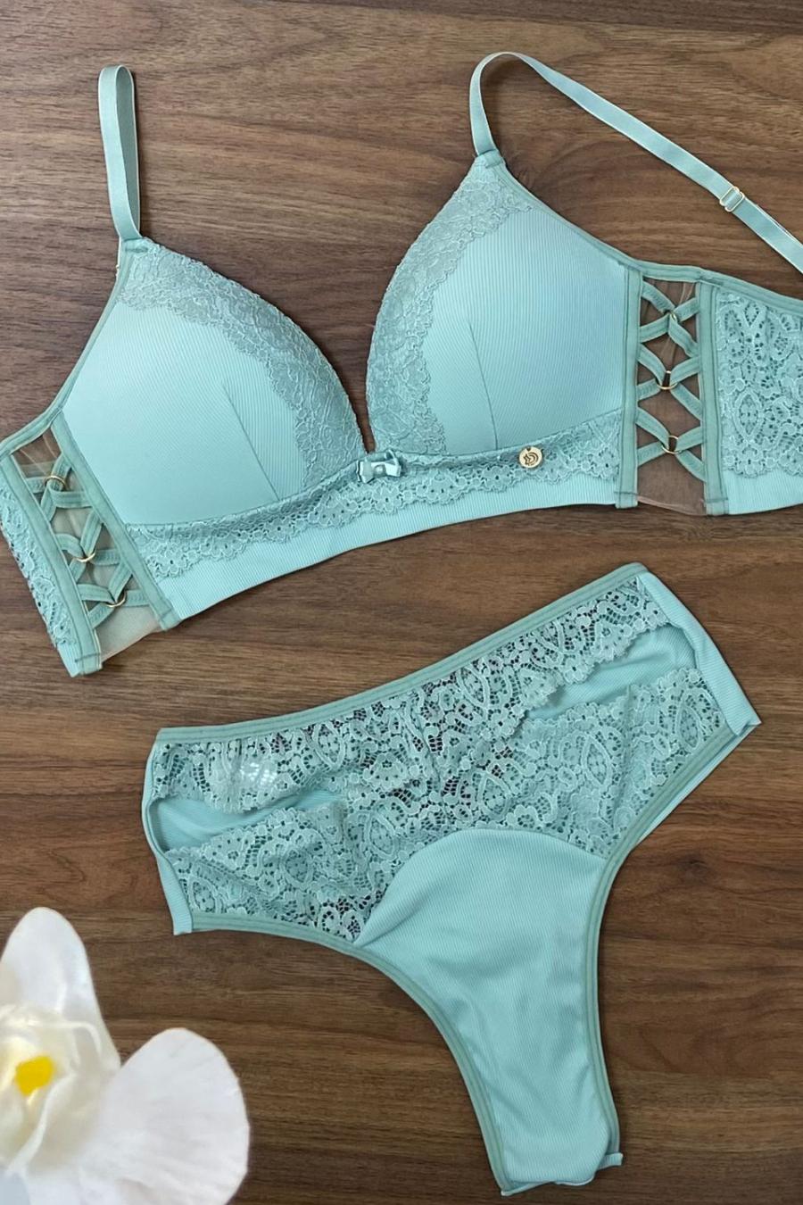 Lingerie Conjunto com Bojo Todo Rendado,Calcinha Fio Verde Herança