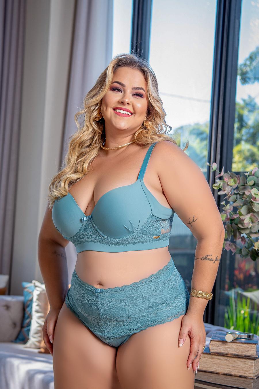 Conjunto Lingerie Sexy Plus Size Rendado 3 Peças Com Bojo