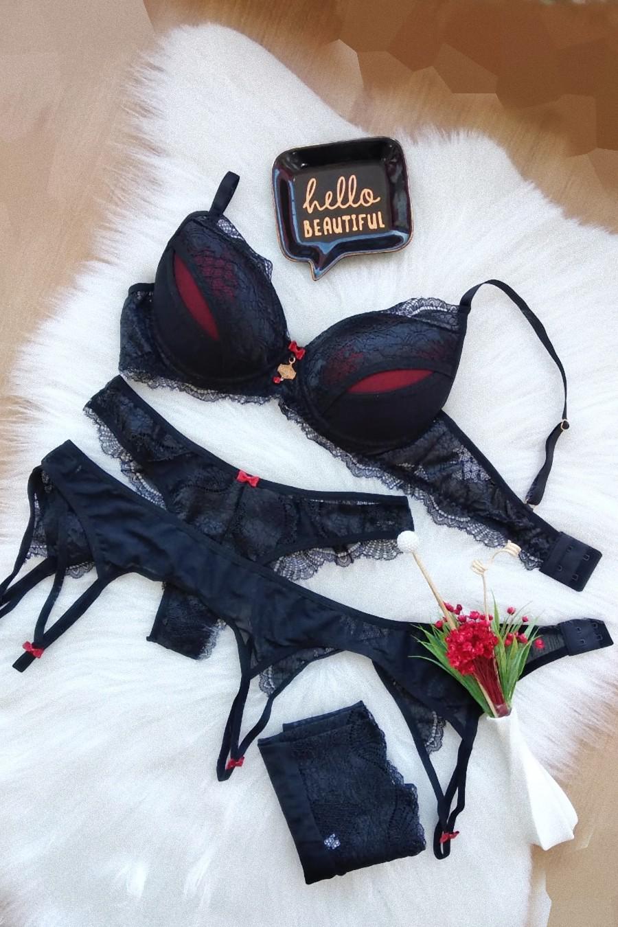 Conjunto de Tule Poá e Renda Com Cinta Liga Regulável Luxo