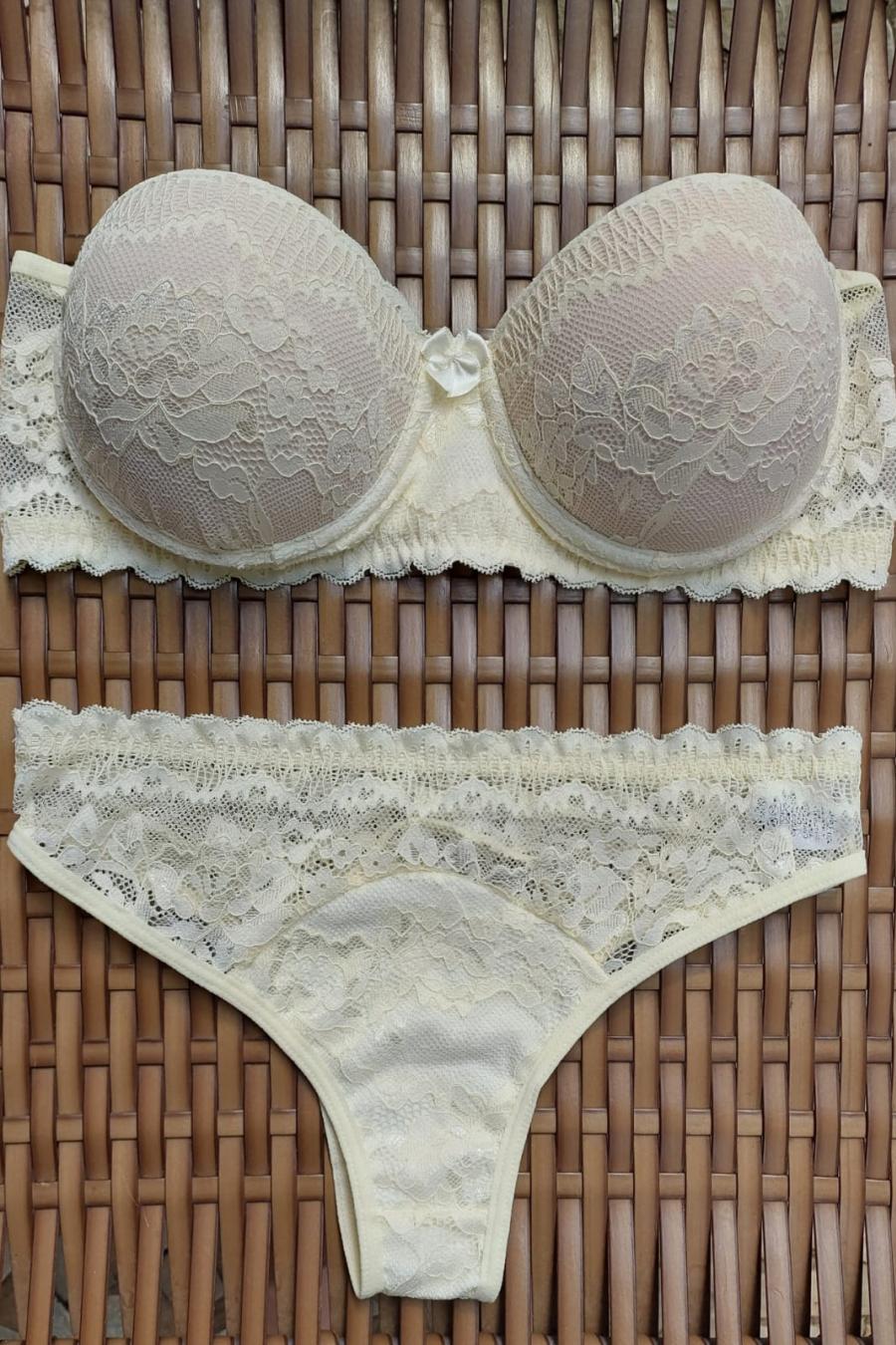CONJUNTO INTEIRO DE RENDA COM SUTIÃ MEIA TAÇA E CALCINHA FORRADA EM ALGODÃO